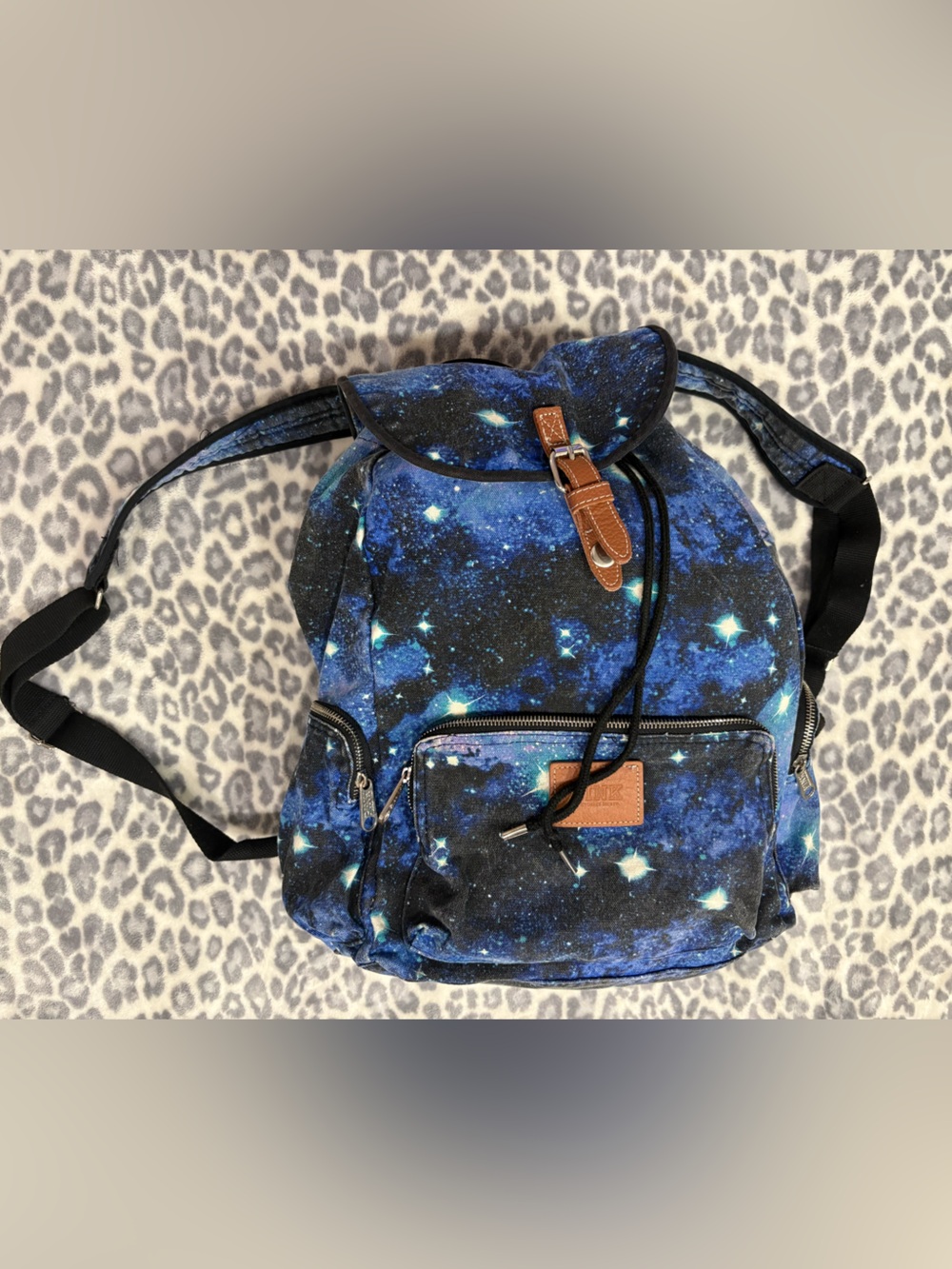 PINK Victoria's Secret Blue Galaxy Print Backpack with Brown Trim